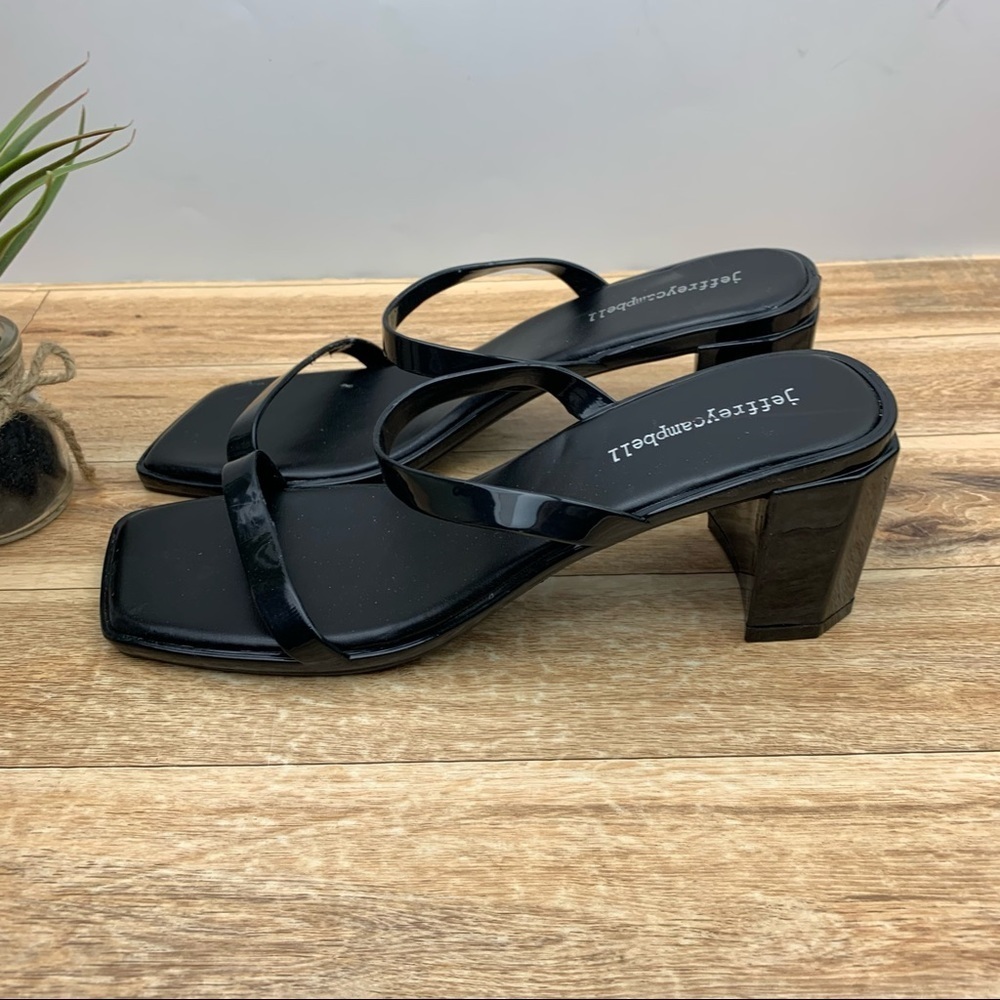 Jeffrey Campbell Black Patent Strappy Block Heel Sandals
